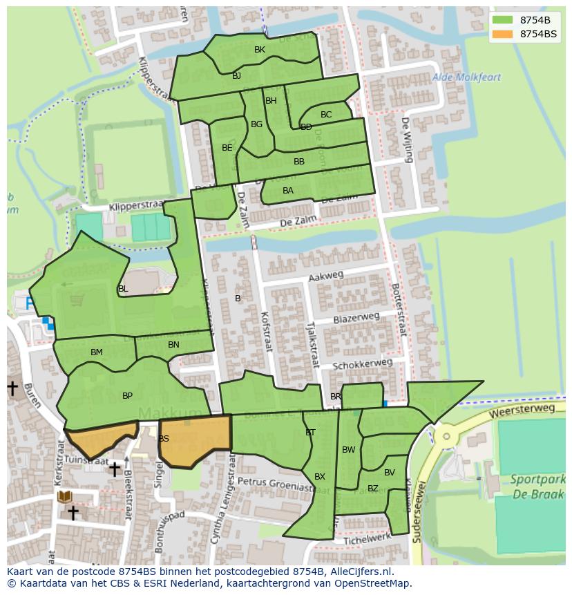 Afbeelding van het postcodegebied 8754 BS op de kaart.