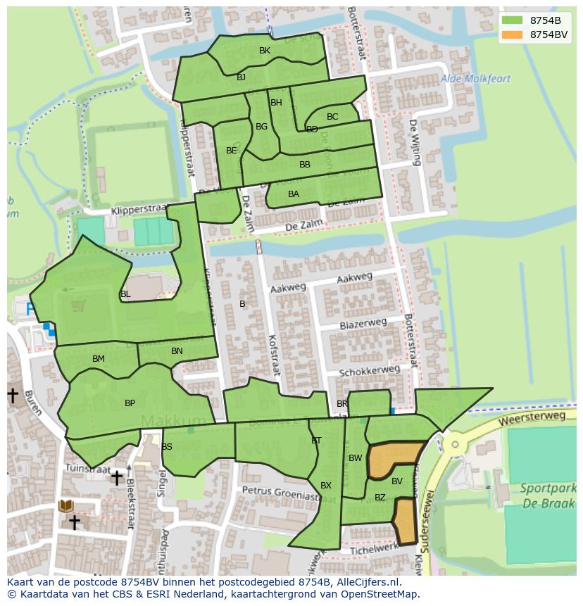 Afbeelding van het postcodegebied 8754 BV op de kaart.