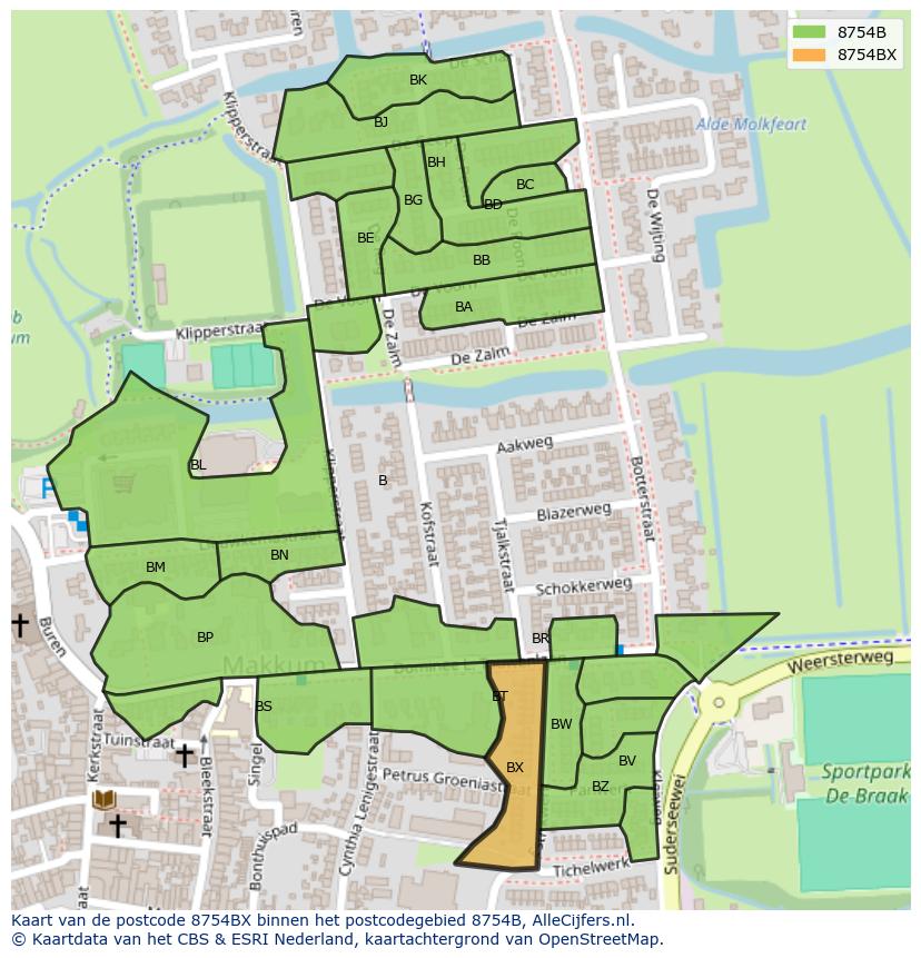 Afbeelding van het postcodegebied 8754 BX op de kaart.