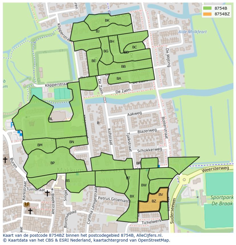 Afbeelding van het postcodegebied 8754 BZ op de kaart.
