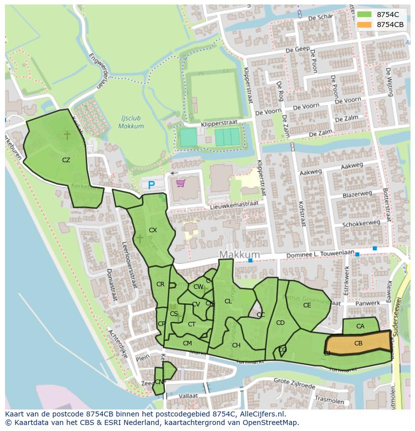 Afbeelding van het postcodegebied 8754 CB op de kaart.