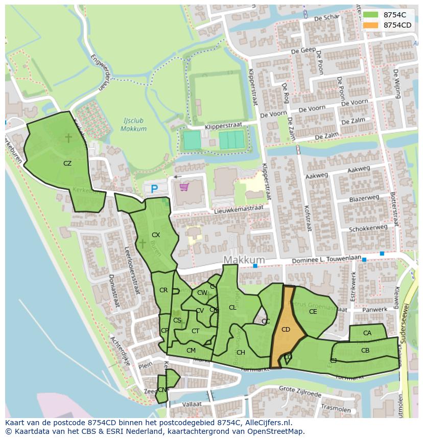 Afbeelding van het postcodegebied 8754 CD op de kaart.