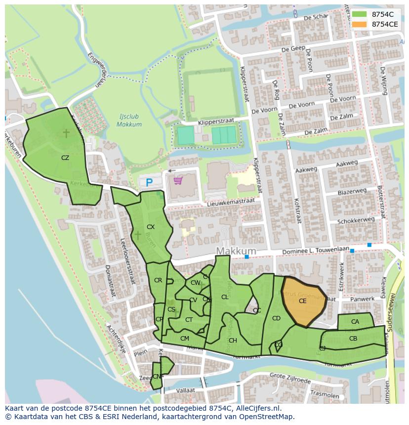 Afbeelding van het postcodegebied 8754 CE op de kaart.