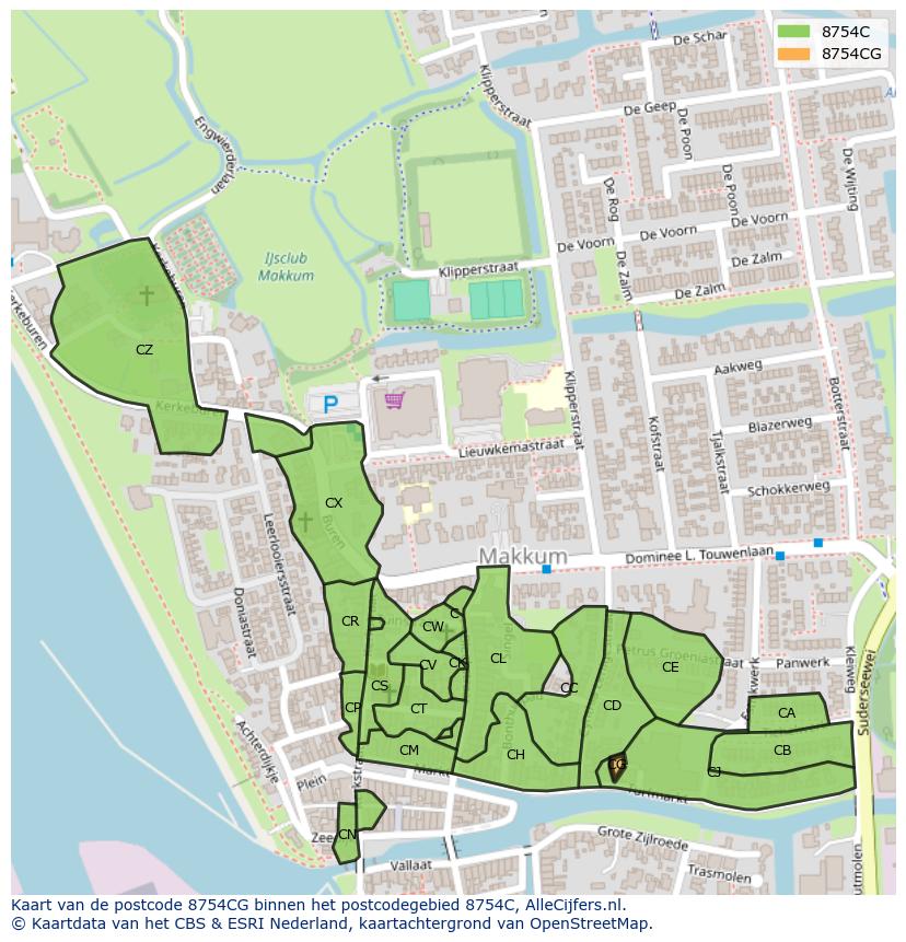 Afbeelding van het postcodegebied 8754 CG op de kaart.