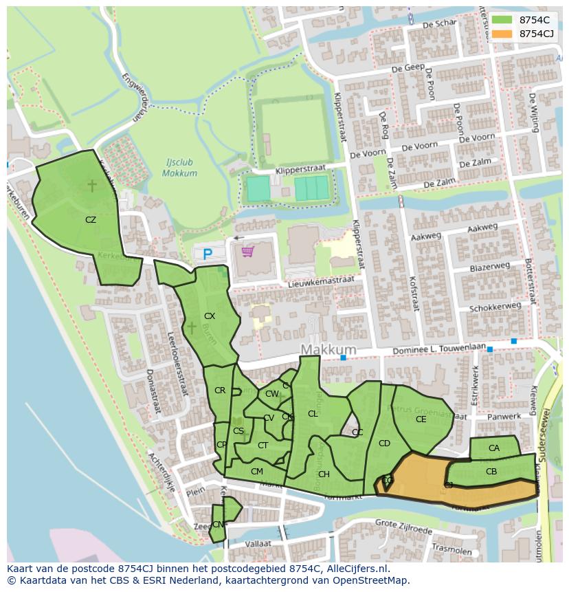 Afbeelding van het postcodegebied 8754 CJ op de kaart.