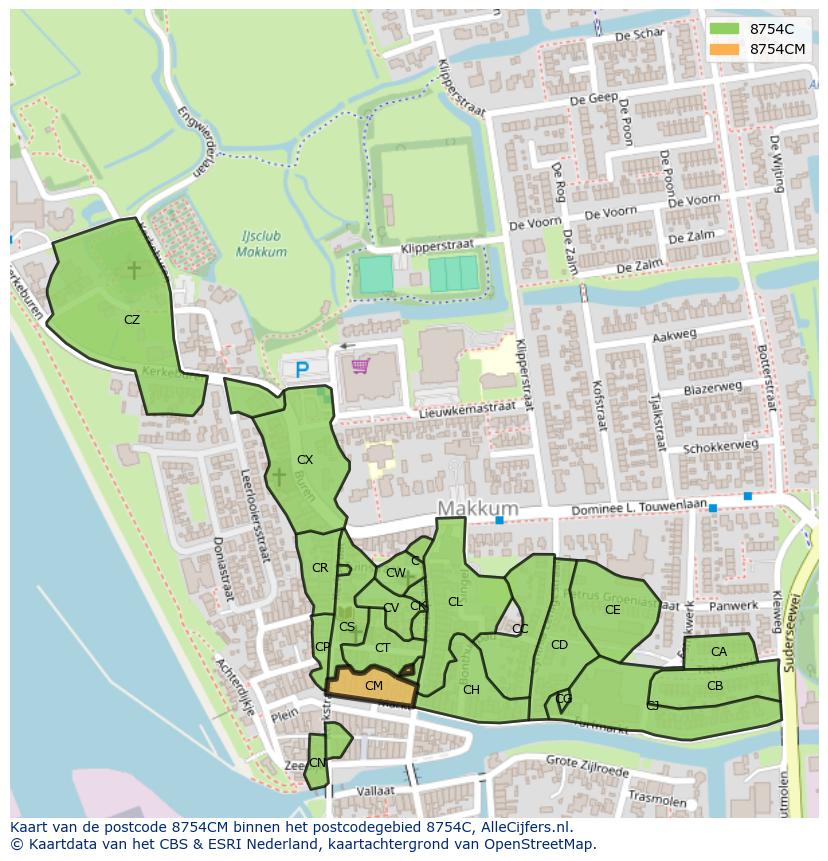 Afbeelding van het postcodegebied 8754 CM op de kaart.