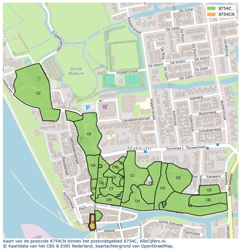 Afbeelding van het postcodegebied 8754 CN op de kaart.
