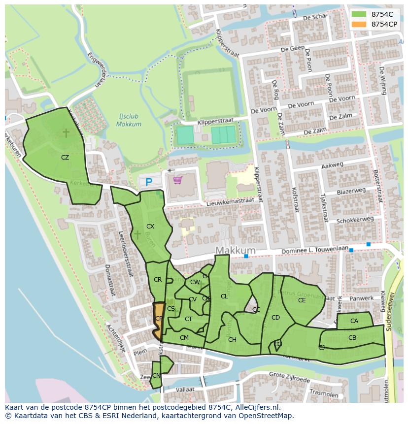 Afbeelding van het postcodegebied 8754 CP op de kaart.