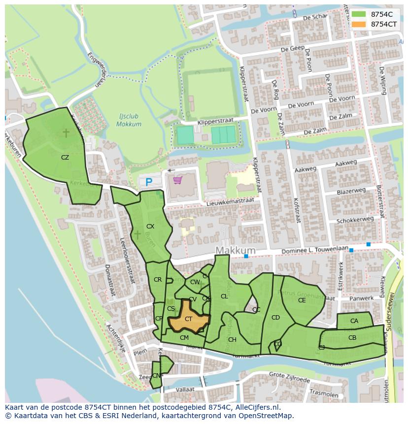 Afbeelding van het postcodegebied 8754 CT op de kaart.