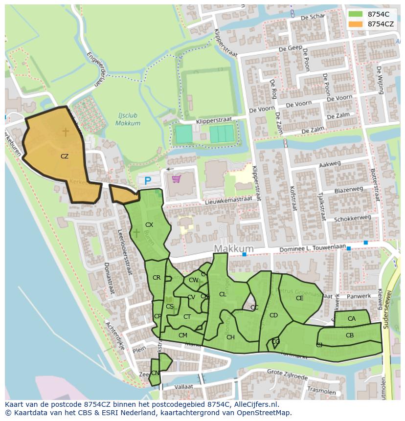 Afbeelding van het postcodegebied 8754 CZ op de kaart.