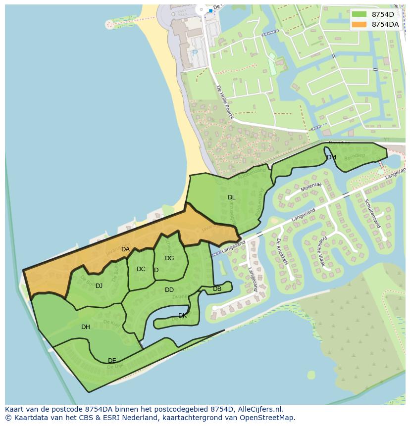 Afbeelding van het postcodegebied 8754 DA op de kaart.