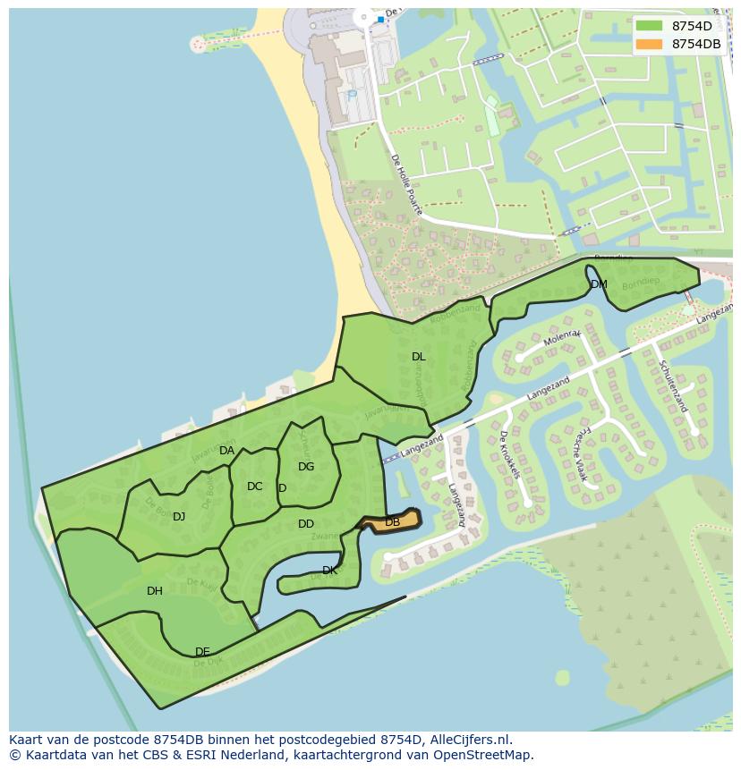 Afbeelding van het postcodegebied 8754 DB op de kaart.