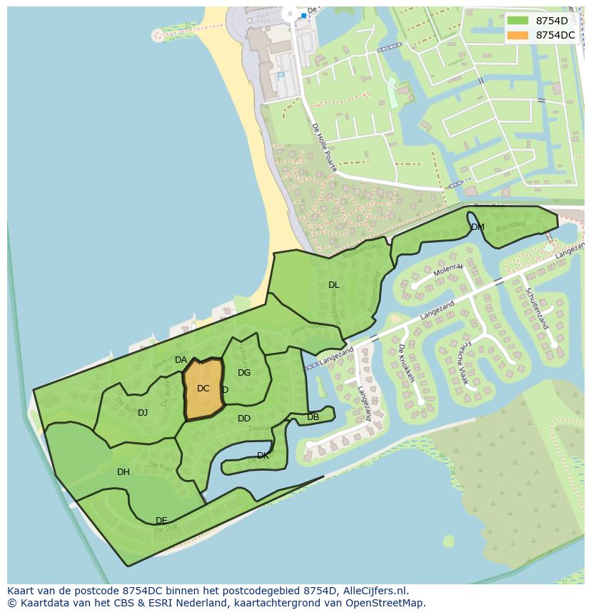 Afbeelding van het postcodegebied 8754 DC op de kaart.