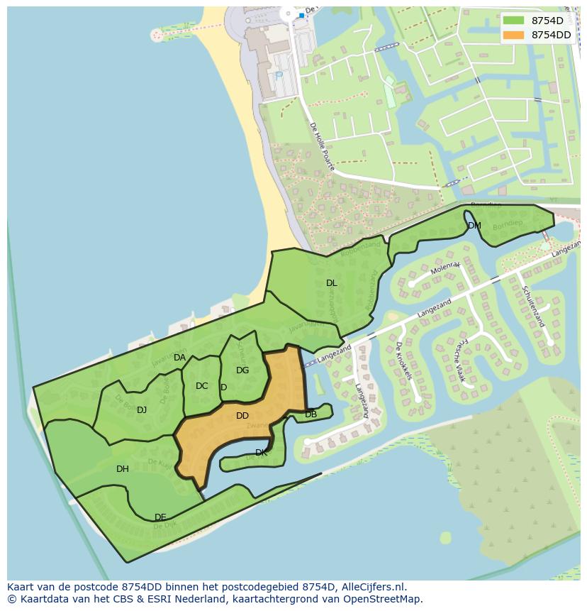 Afbeelding van het postcodegebied 8754 DD op de kaart.