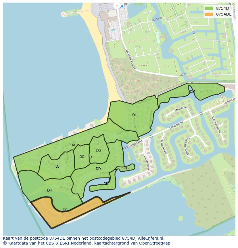 Afbeelding van het postcodegebied 8754 DE op de kaart.