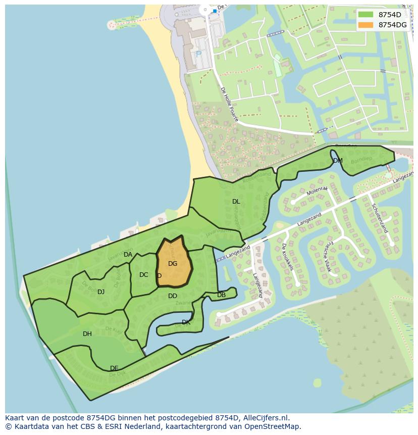 Afbeelding van het postcodegebied 8754 DG op de kaart.