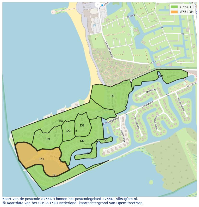 Afbeelding van het postcodegebied 8754 DH op de kaart.