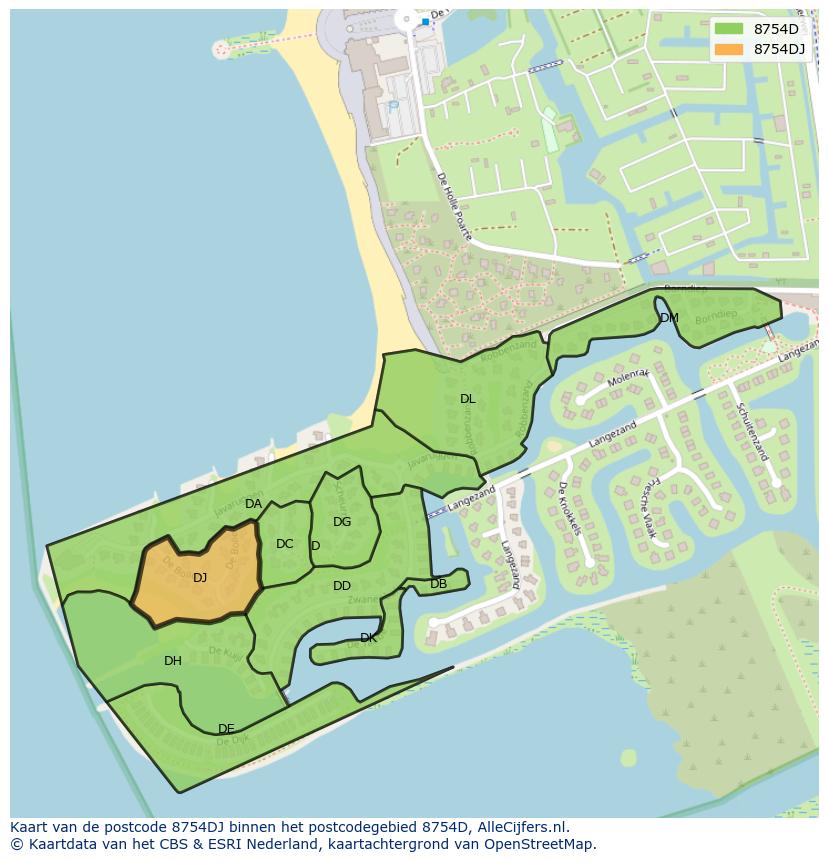 Afbeelding van het postcodegebied 8754 DJ op de kaart.