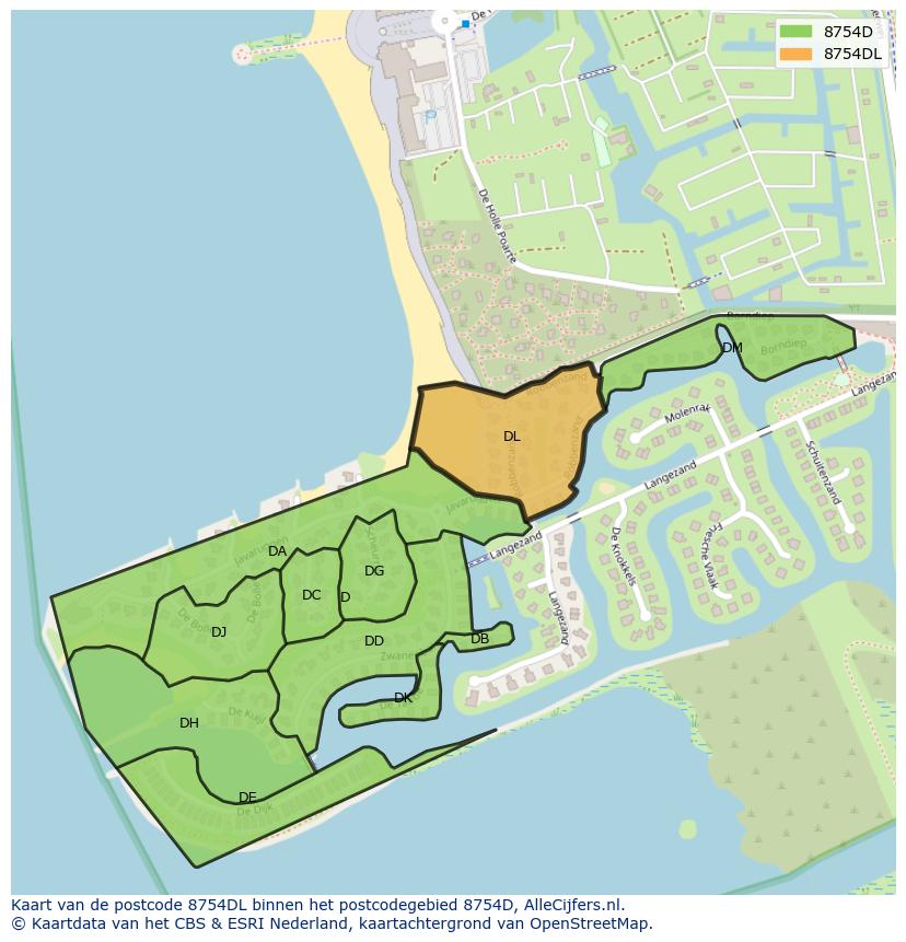 Afbeelding van het postcodegebied 8754 DL op de kaart.