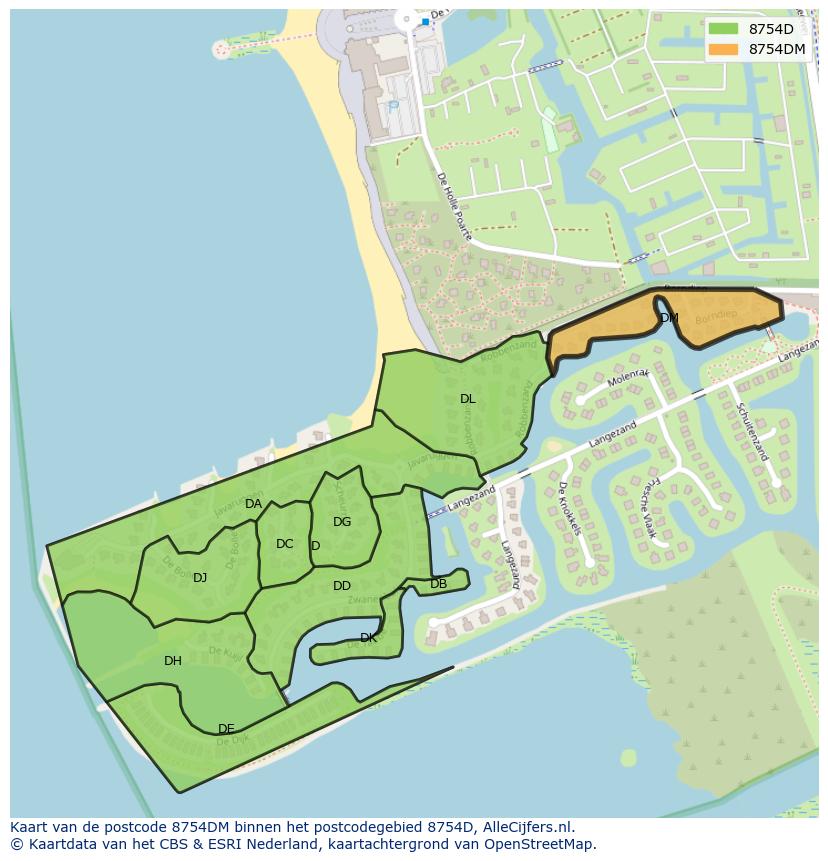 Afbeelding van het postcodegebied 8754 DM op de kaart.