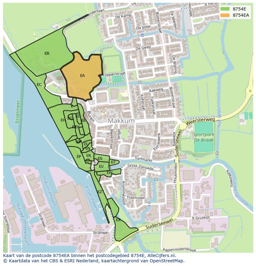 Afbeelding van het postcodegebied 8754 EA op de kaart.