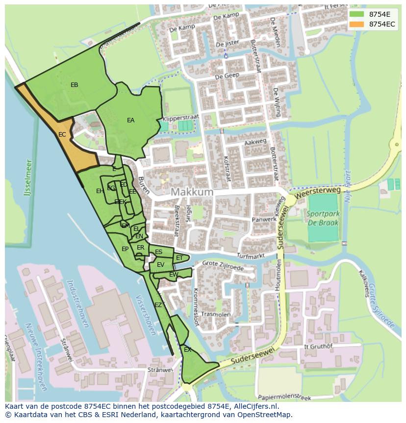 Afbeelding van het postcodegebied 8754 EC op de kaart.