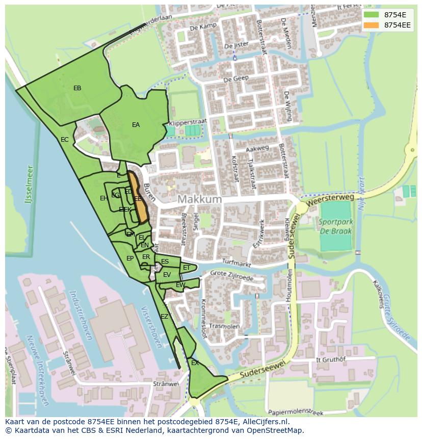 Afbeelding van het postcodegebied 8754 EE op de kaart.