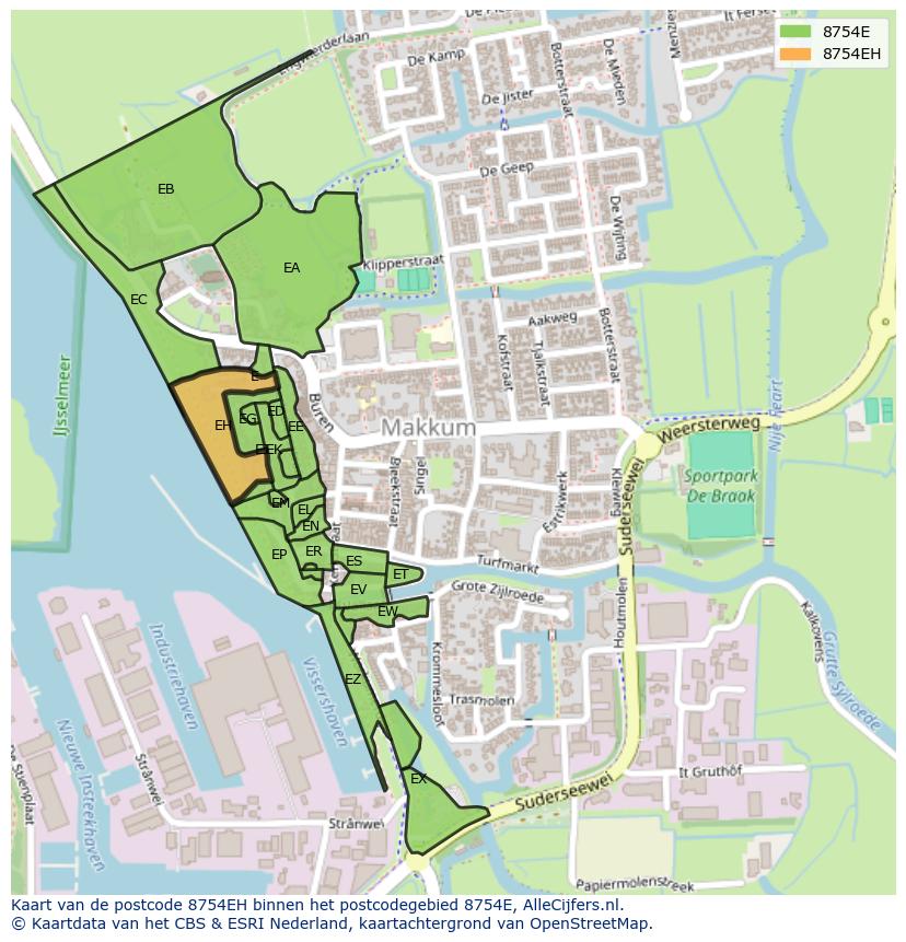 Afbeelding van het postcodegebied 8754 EH op de kaart.