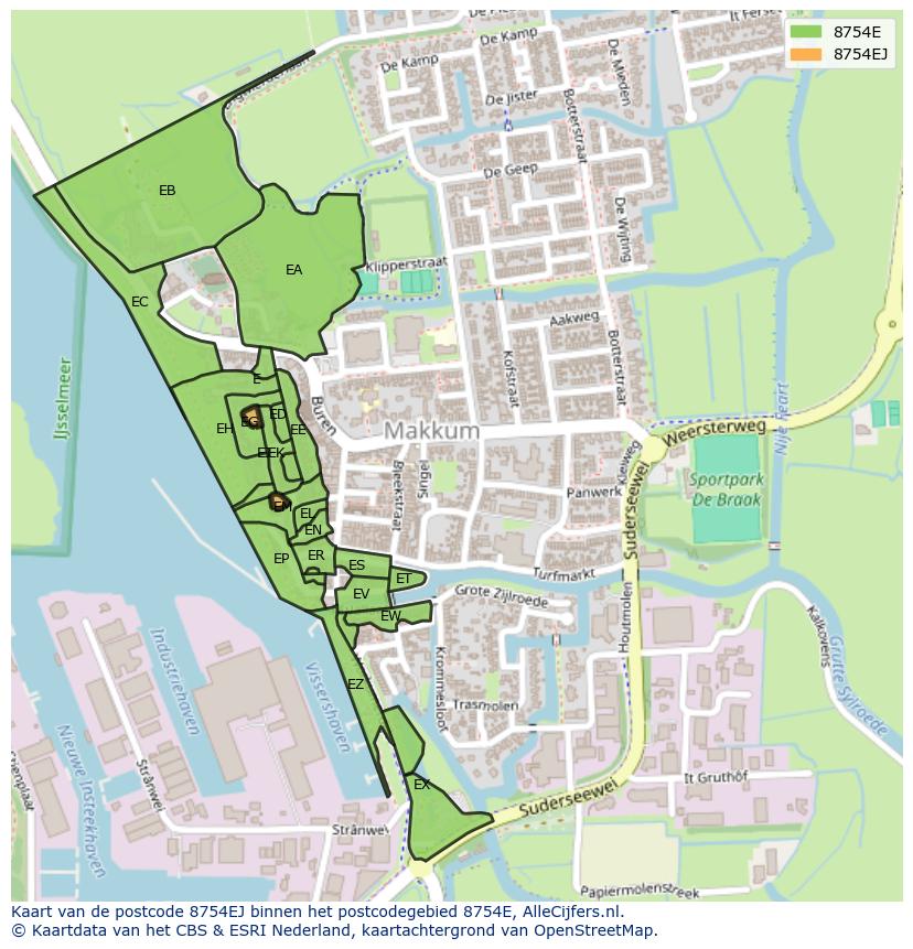 Afbeelding van het postcodegebied 8754 EJ op de kaart.