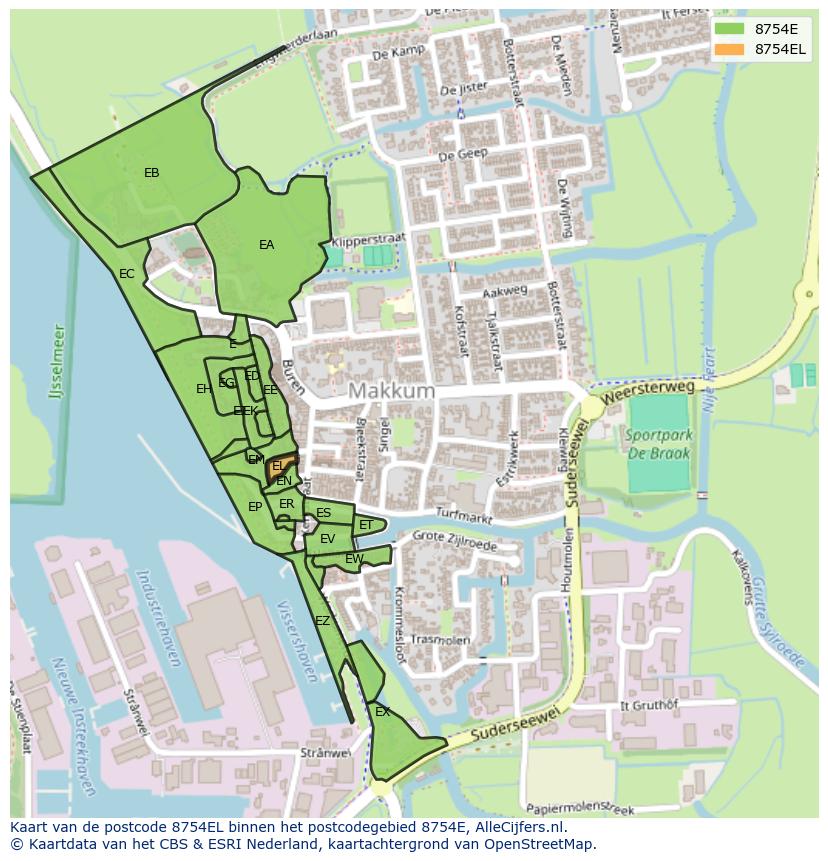 Afbeelding van het postcodegebied 8754 EL op de kaart.