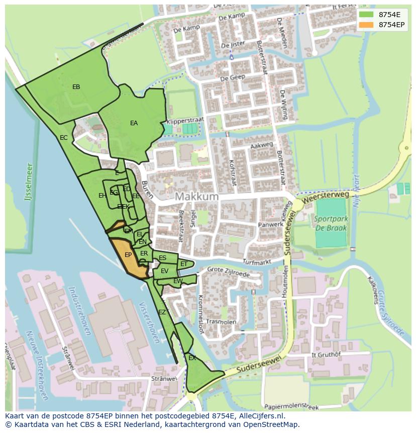 Afbeelding van het postcodegebied 8754 EP op de kaart.