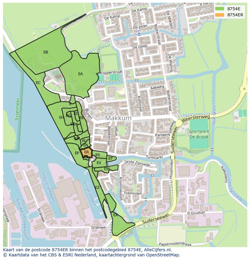 Afbeelding van het postcodegebied 8754 ER op de kaart.