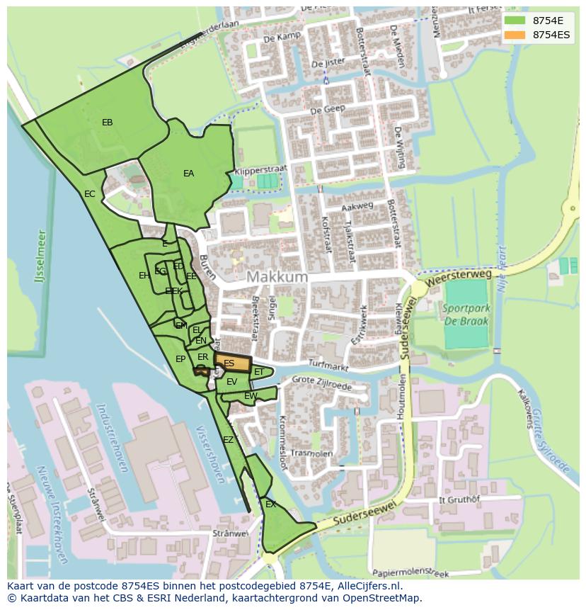 Afbeelding van het postcodegebied 8754 ES op de kaart.