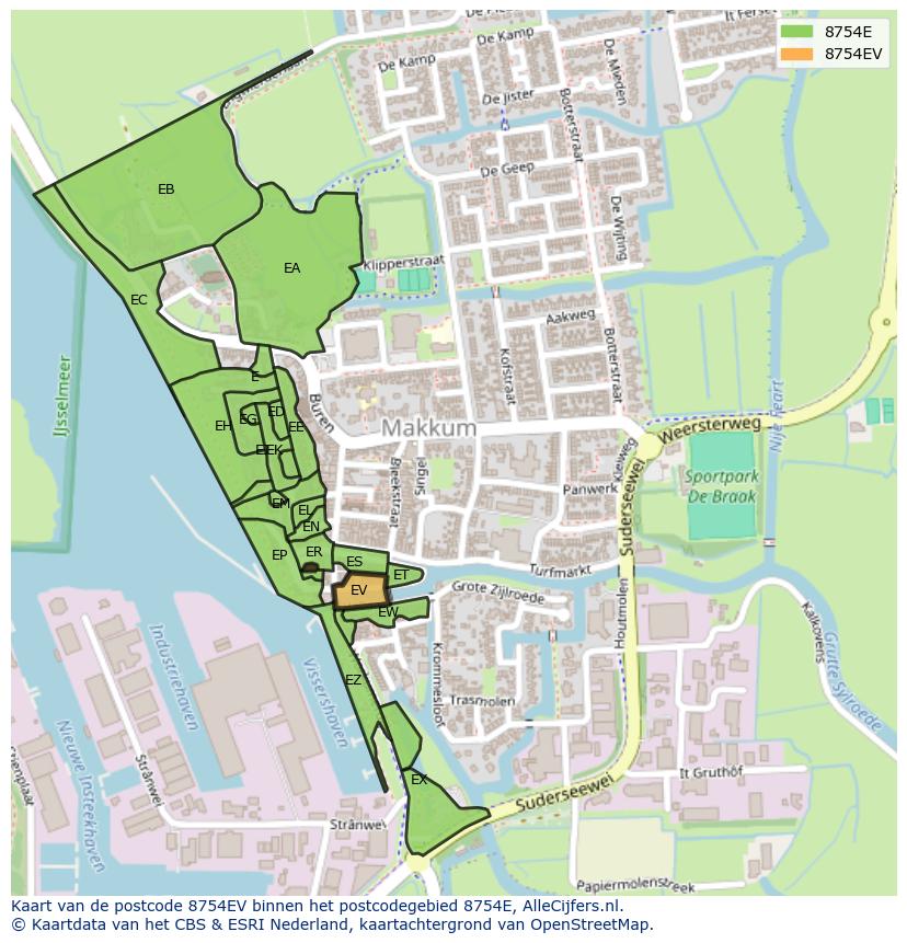 Afbeelding van het postcodegebied 8754 EV op de kaart.