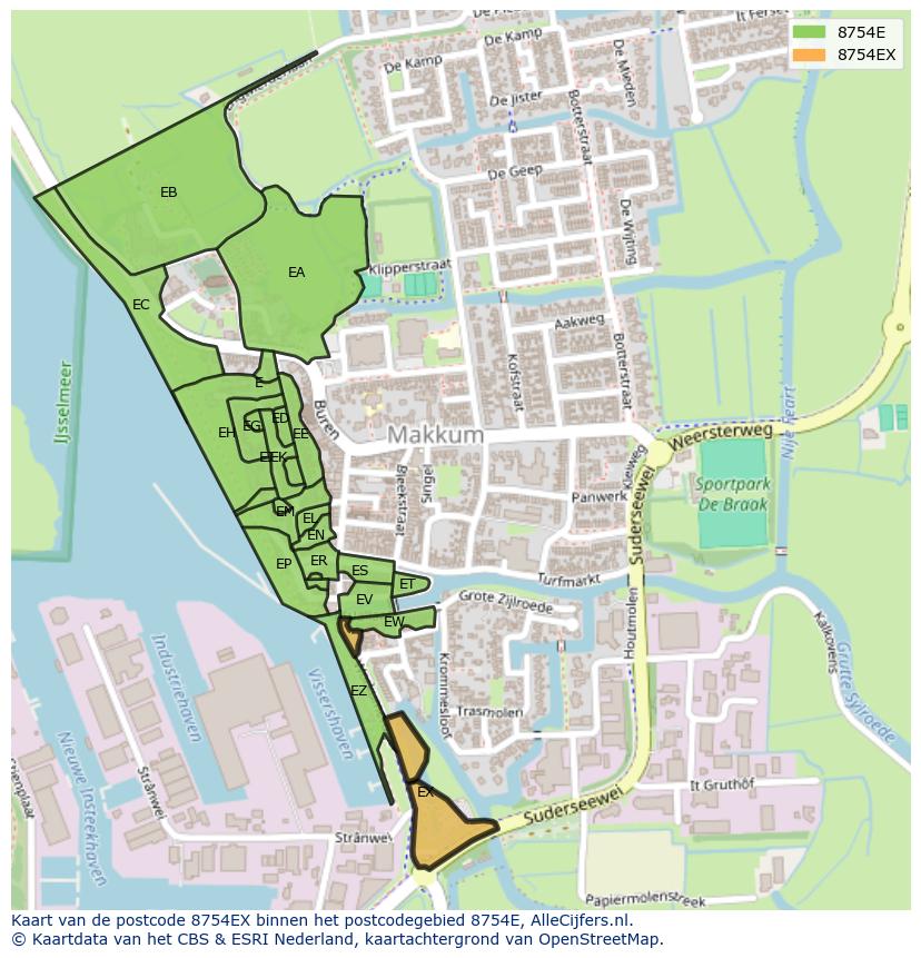 Afbeelding van het postcodegebied 8754 EX op de kaart.
