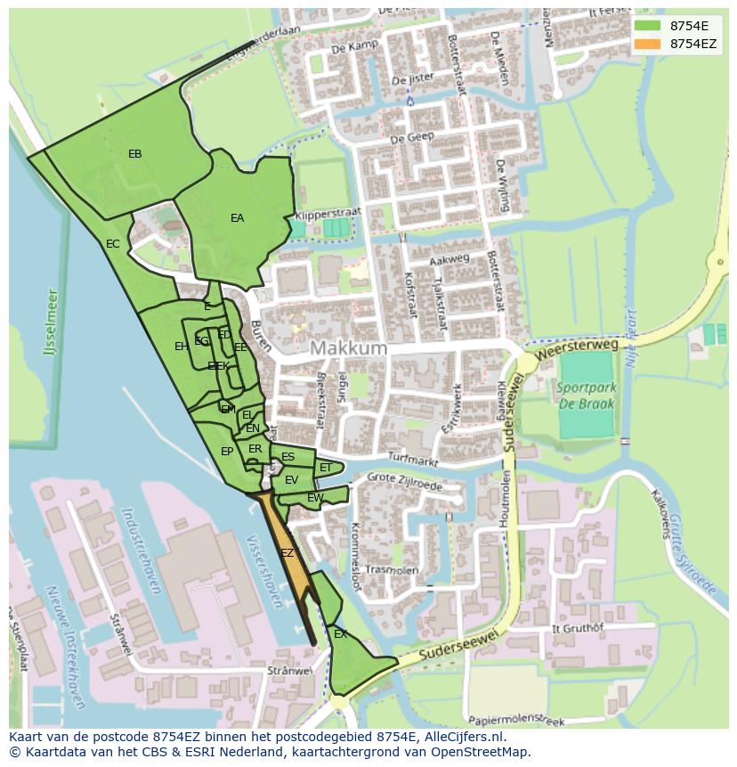 Afbeelding van het postcodegebied 8754 EZ op de kaart.
