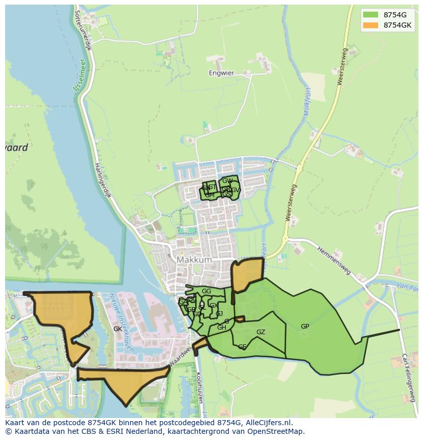 Afbeelding van het postcodegebied 8754 GK op de kaart.