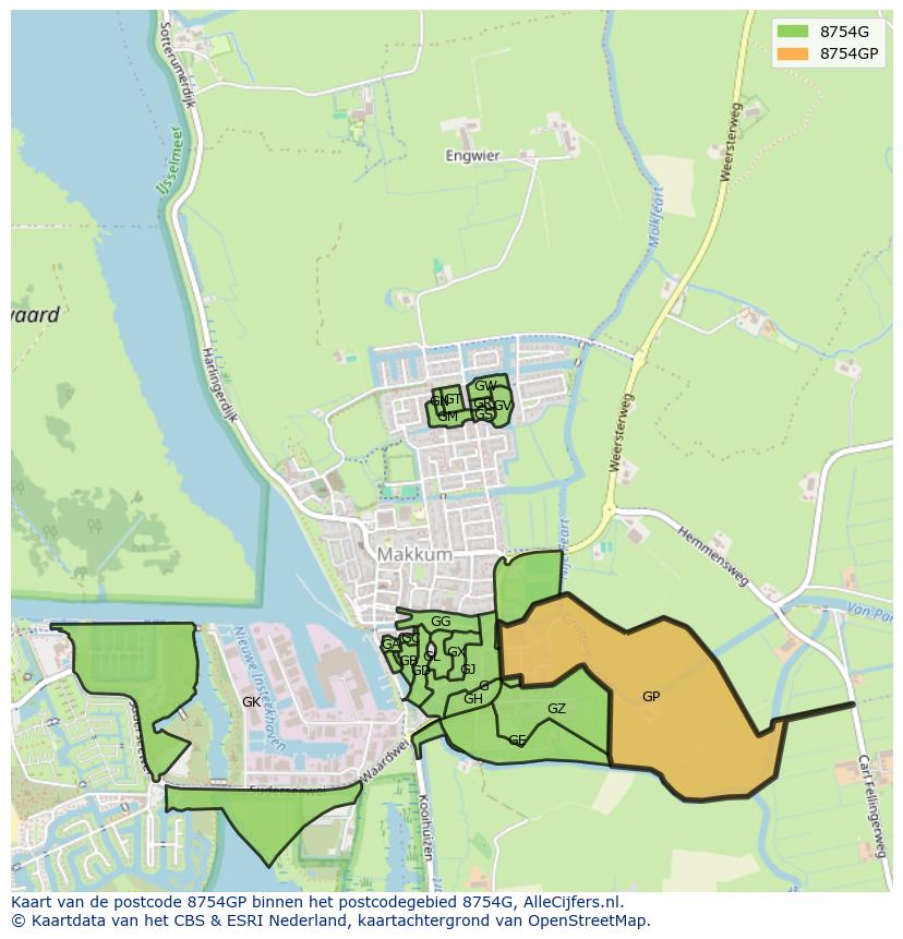 Afbeelding van het postcodegebied 8754 GP op de kaart.