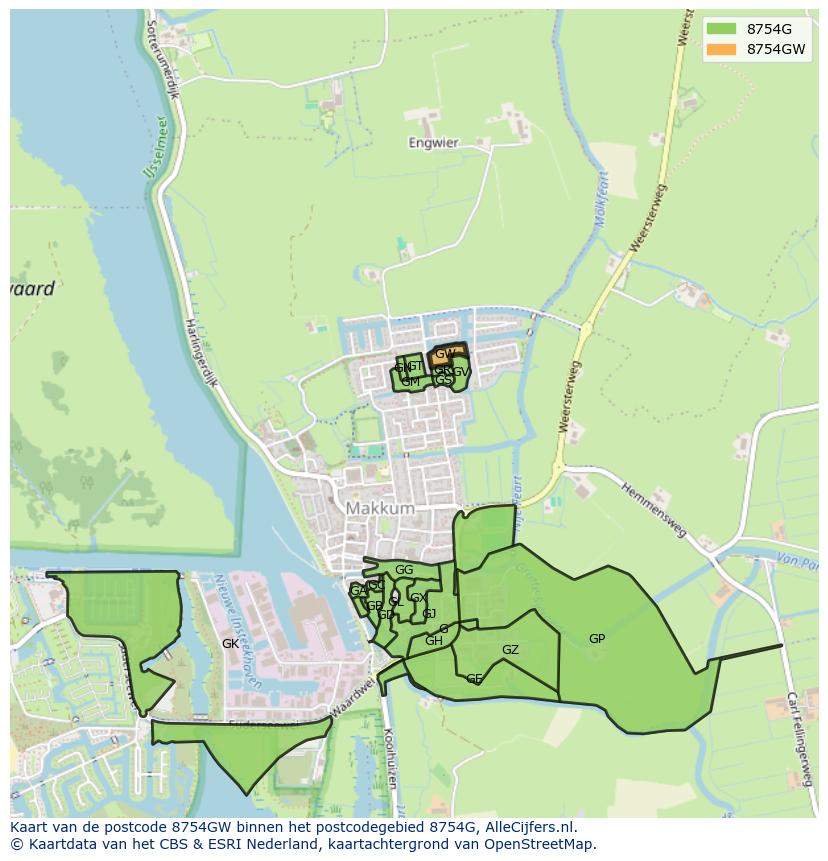 Afbeelding van het postcodegebied 8754 GW op de kaart.