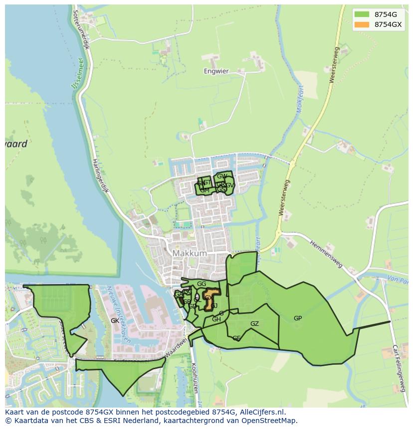 Afbeelding van het postcodegebied 8754 GX op de kaart.