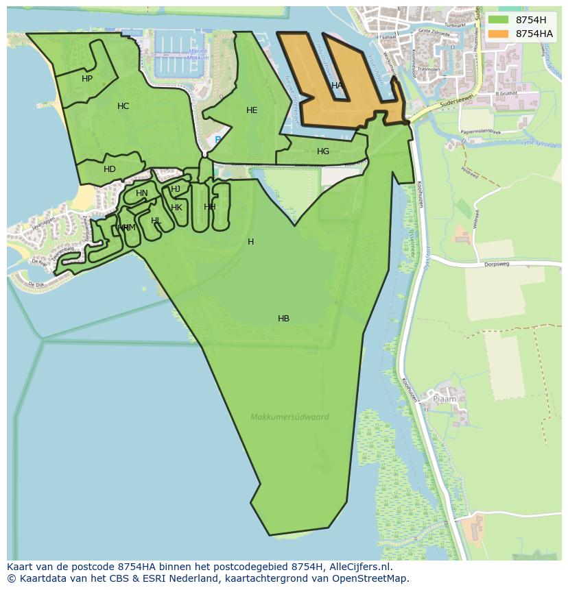 Afbeelding van het postcodegebied 8754 HA op de kaart.