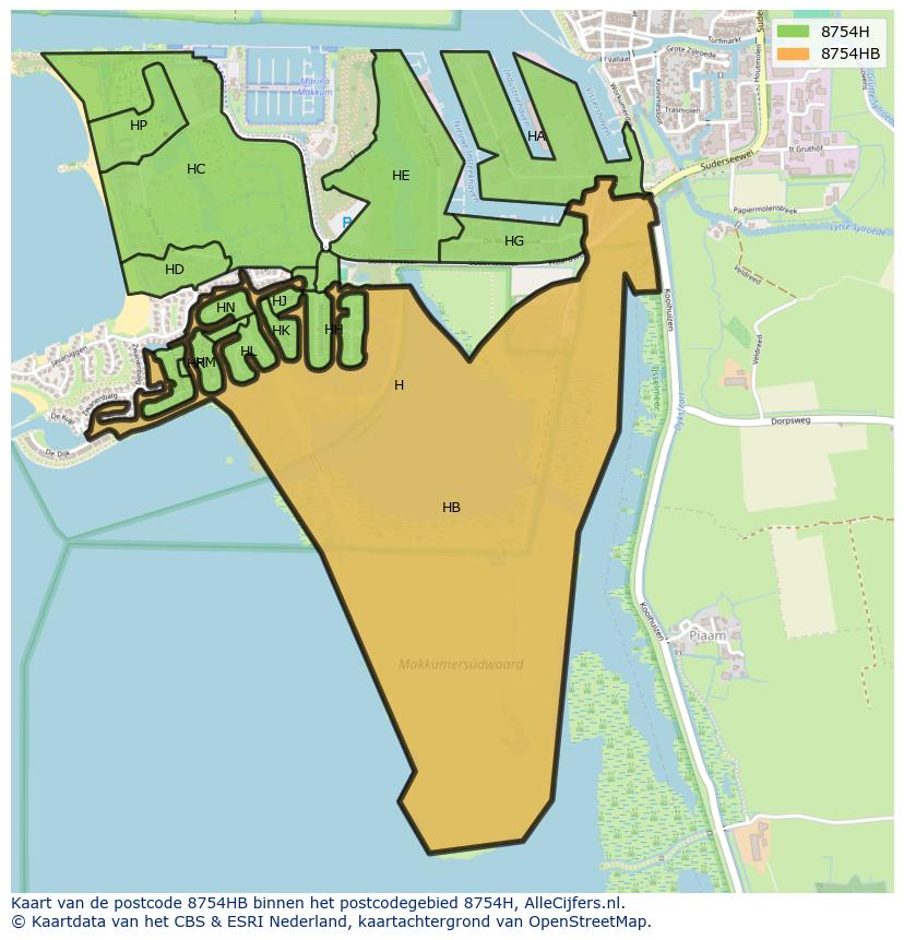 Afbeelding van het postcodegebied 8754 HB op de kaart.