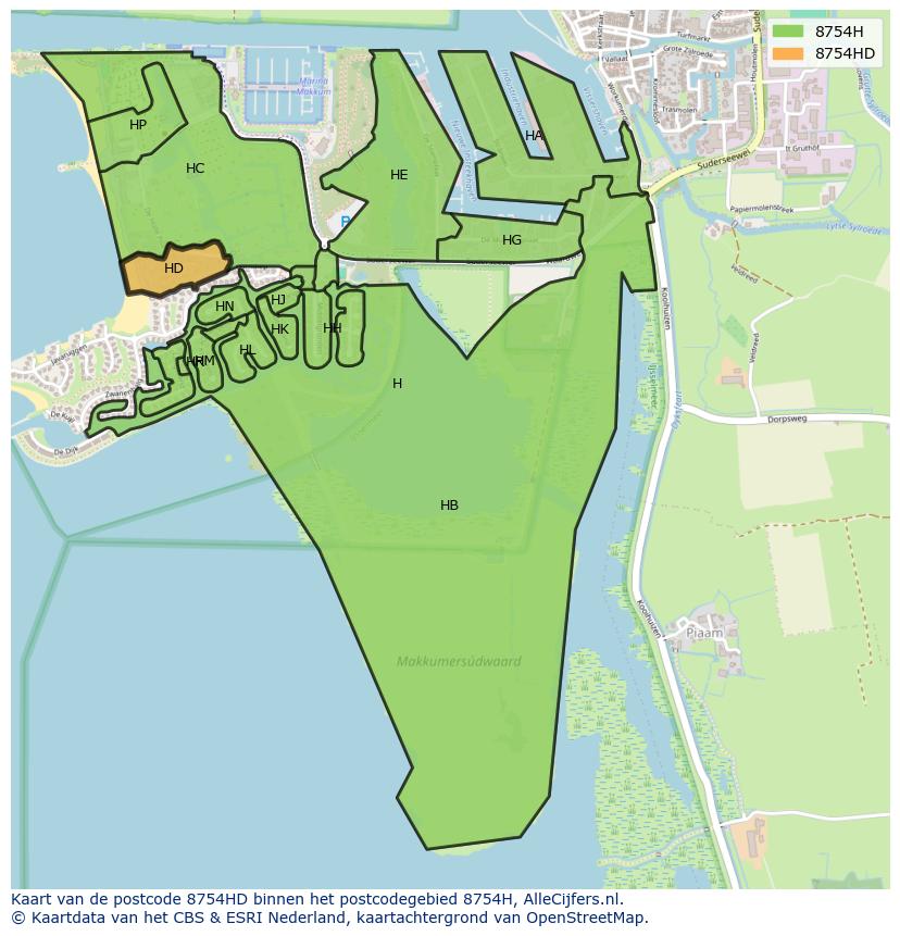 Afbeelding van het postcodegebied 8754 HD op de kaart.