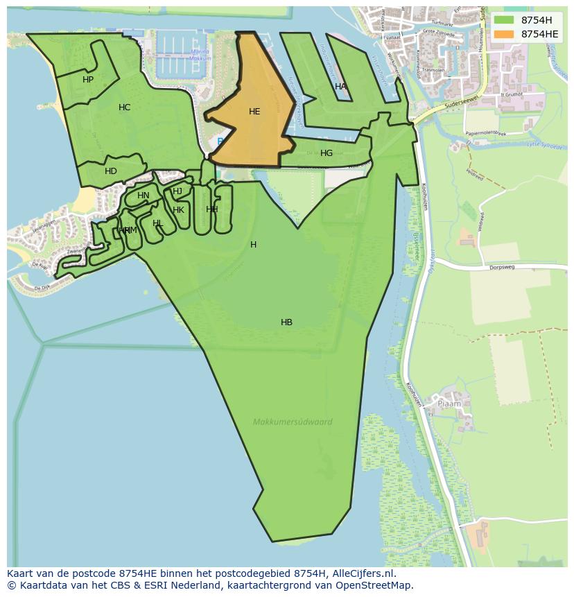 Afbeelding van het postcodegebied 8754 HE op de kaart.