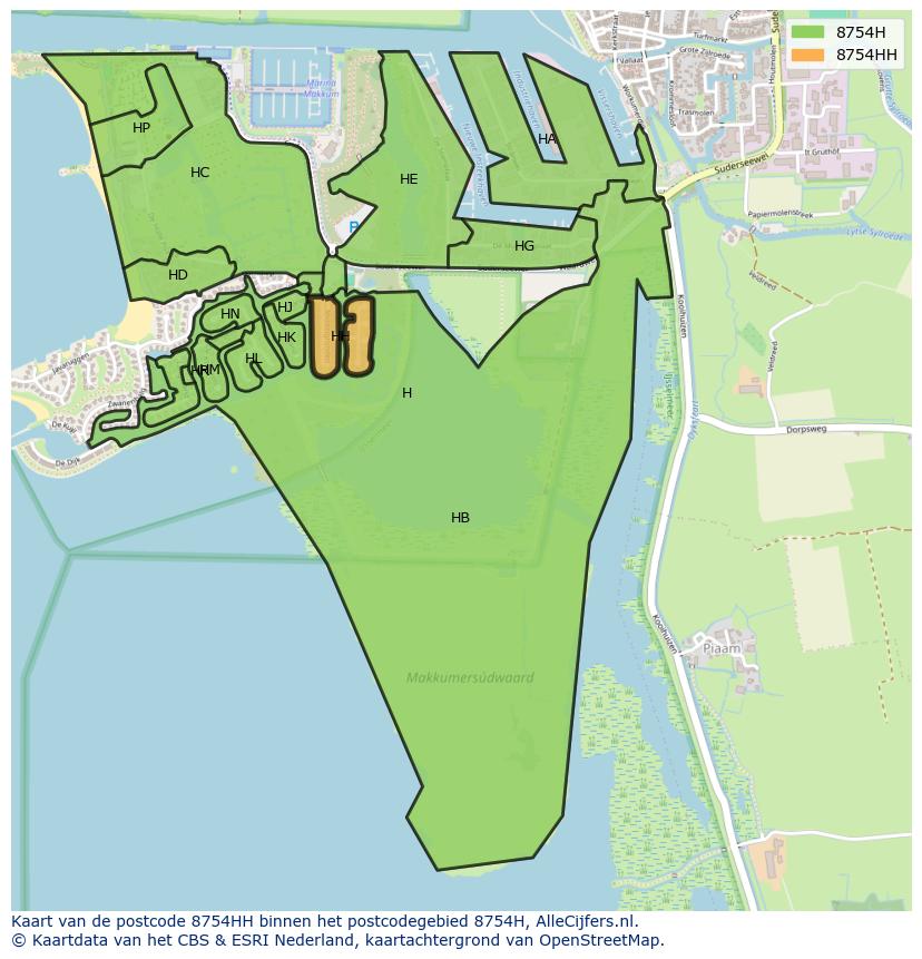 Afbeelding van het postcodegebied 8754 HH op de kaart.