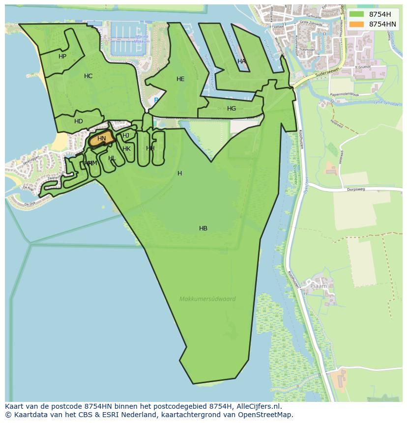 Afbeelding van het postcodegebied 8754 HN op de kaart.