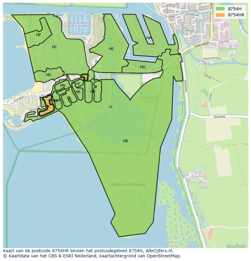 Afbeelding van het postcodegebied 8754 HR op de kaart.
