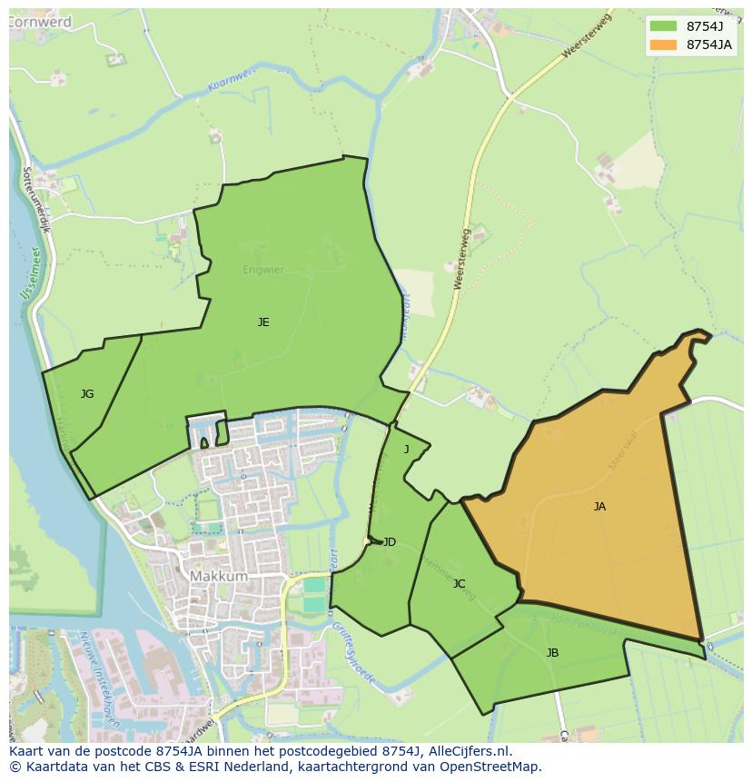 Afbeelding van het postcodegebied 8754 JA op de kaart.
