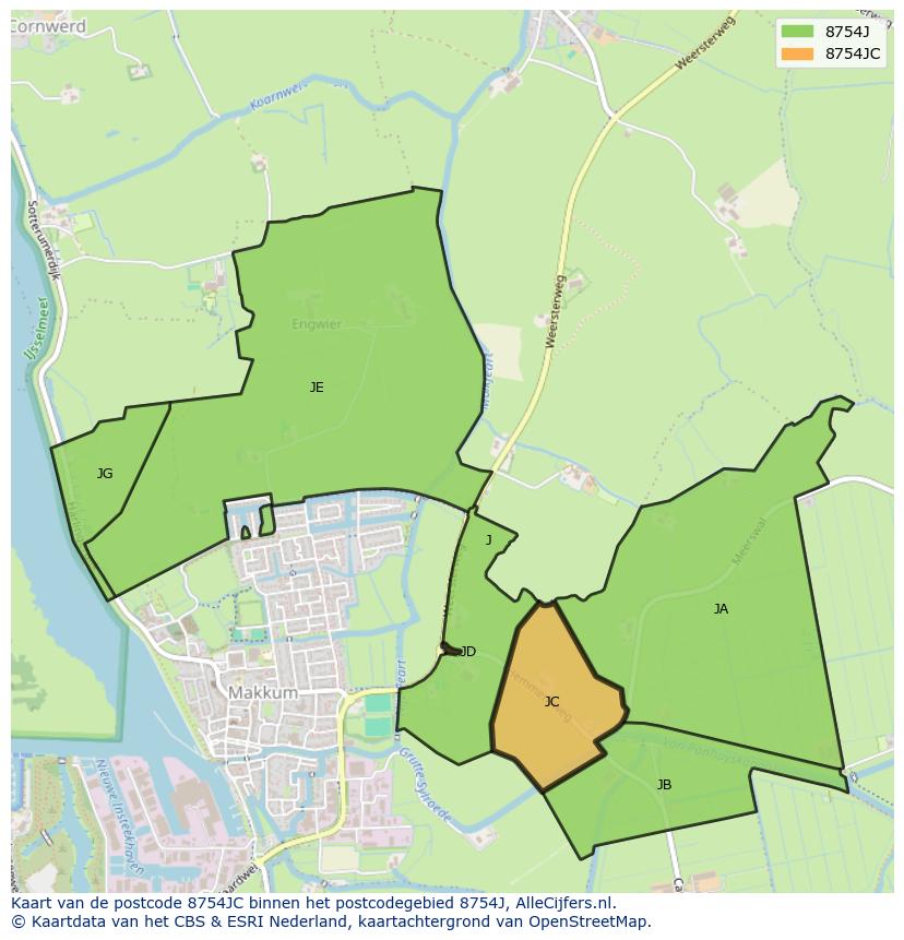 Afbeelding van het postcodegebied 8754 JC op de kaart.