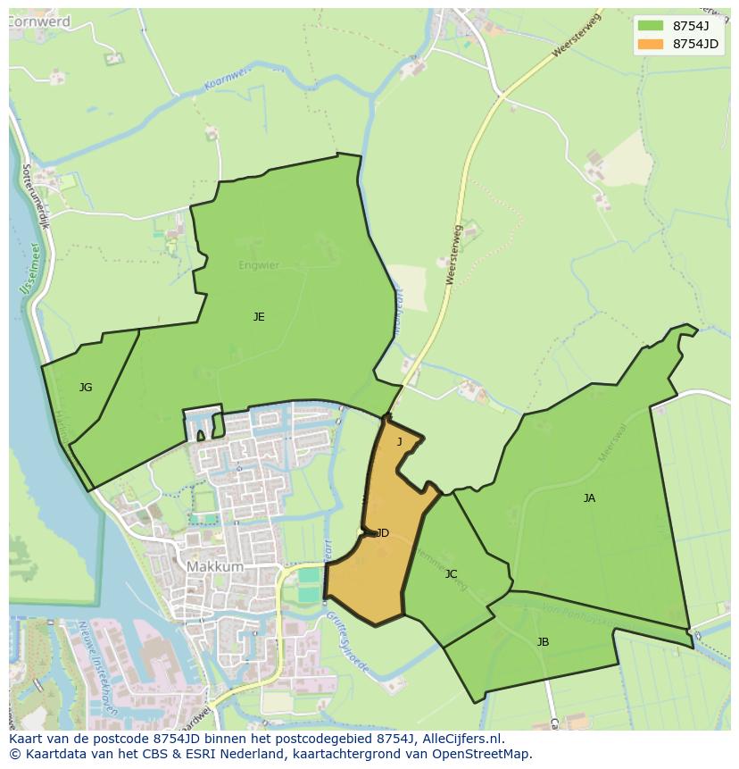 Afbeelding van het postcodegebied 8754 JD op de kaart.